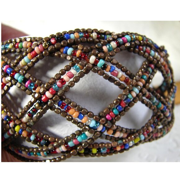Vtg Criss Cross Wire & Bead 2" Cuff BRACELET, Bronze & Multicolored G26L - Picture 3 of 9